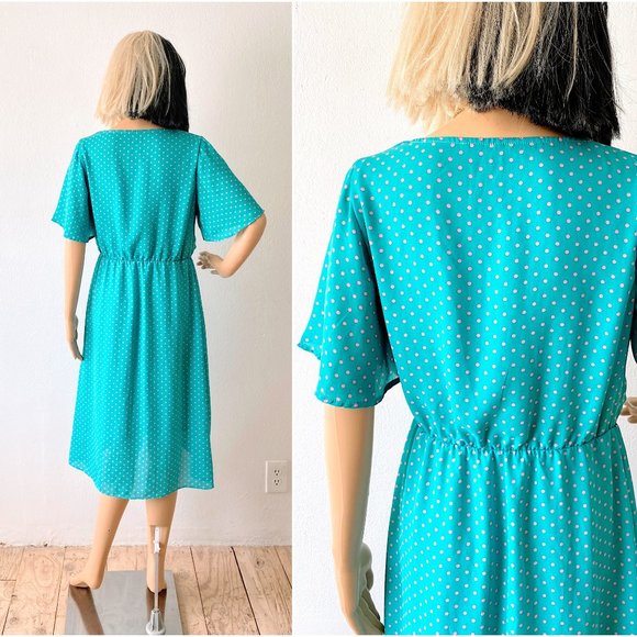 Teal Dress Blue Green Dress Polka Dot Dress Wrap Skirt Dress Pullover Dress | S - Picture 5 of 11